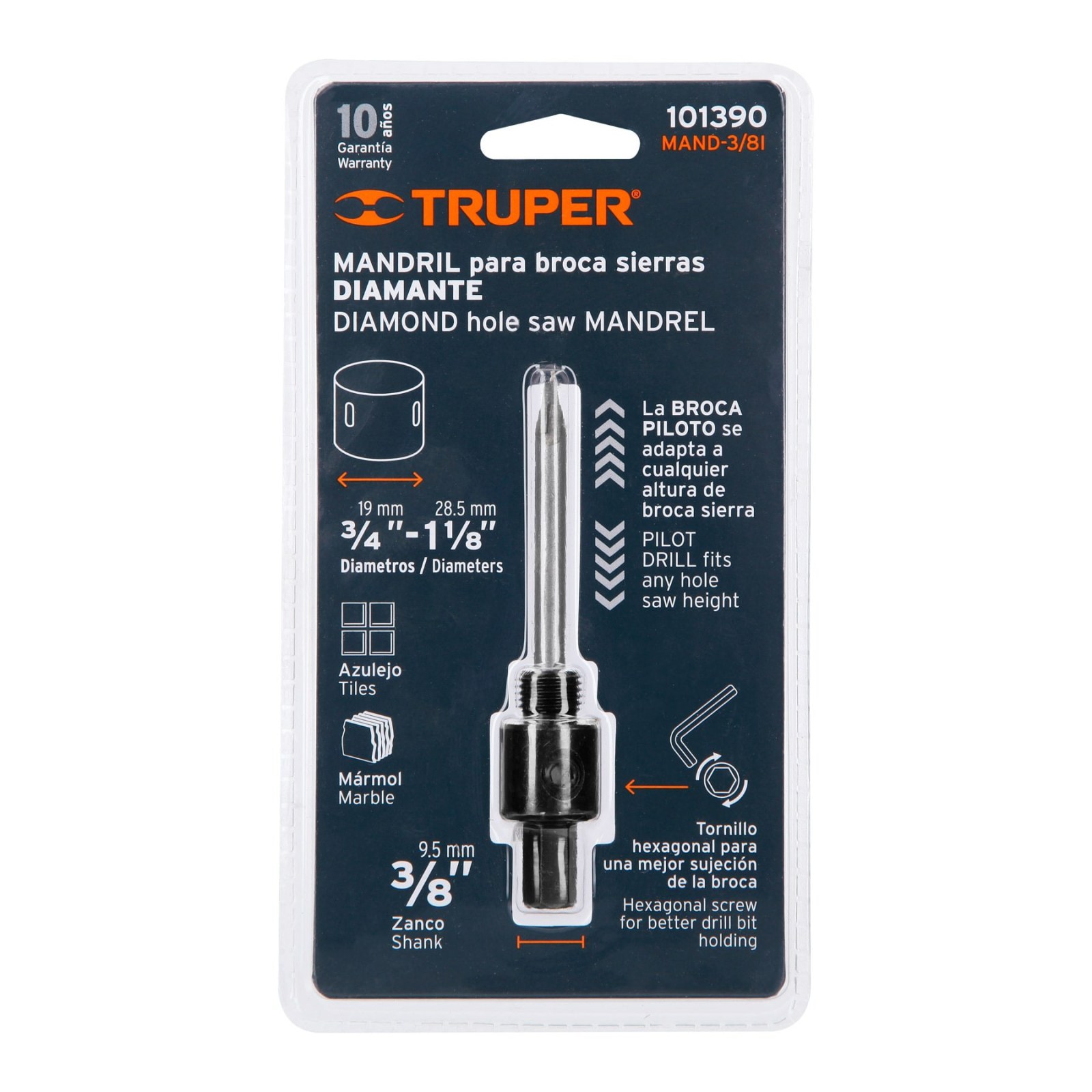 Mandril para brocasierra diamante con rosca 3/8", TRUPER