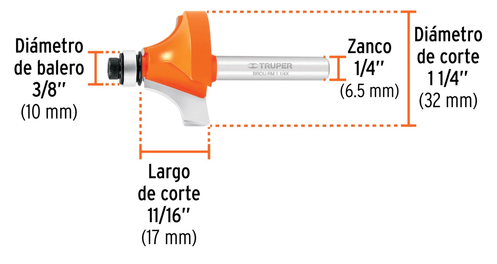 Broca para router, redondeado con moldura, 1-1/4" con balero