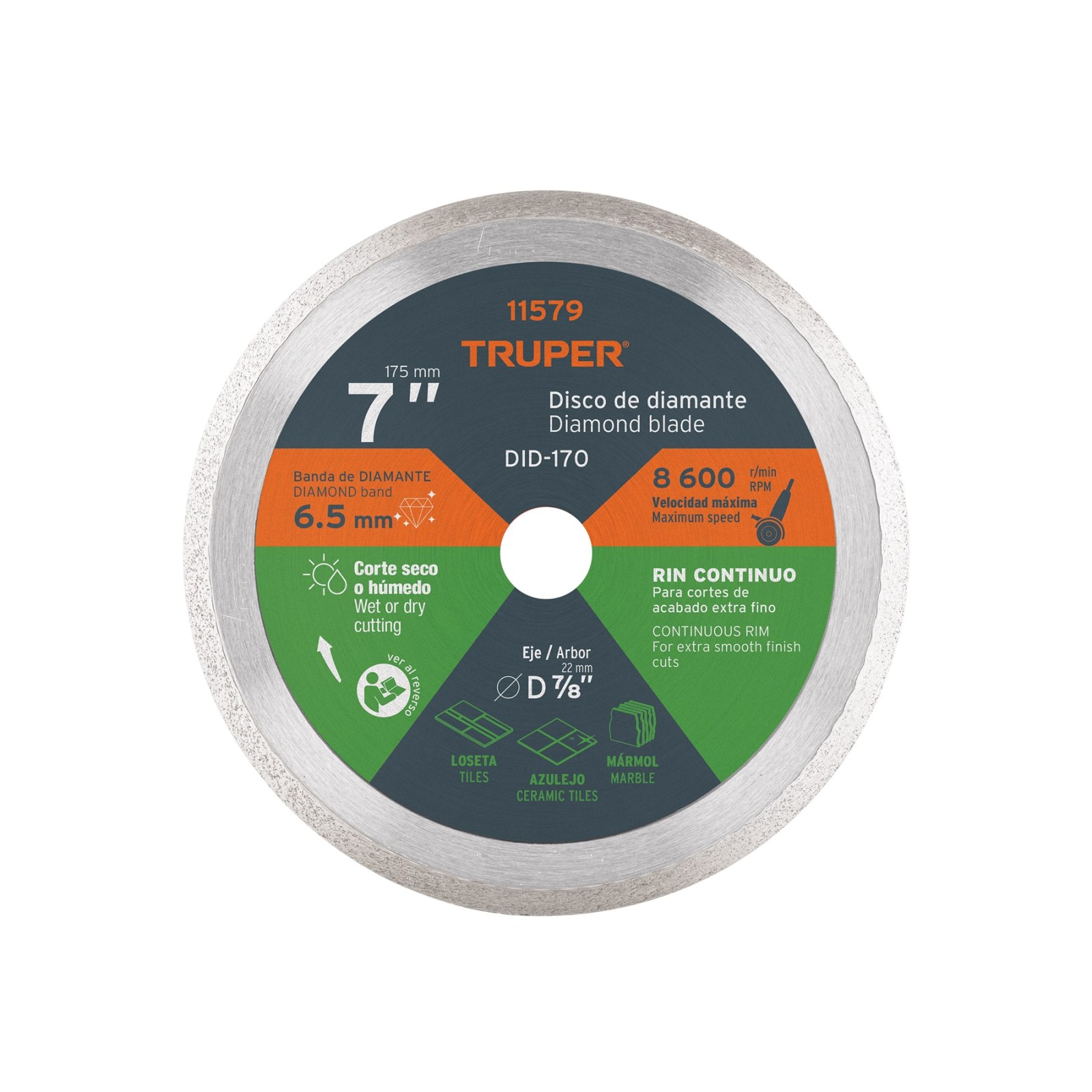 Disco de diamante de 7" x 2.2 mm, rin continuo, TRUPER