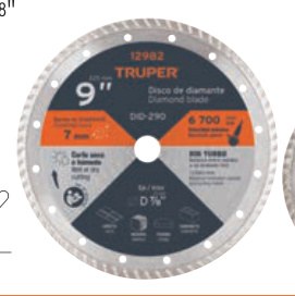 Disco de diamante de 9" x 3 mm, rin turbo, TRUPER