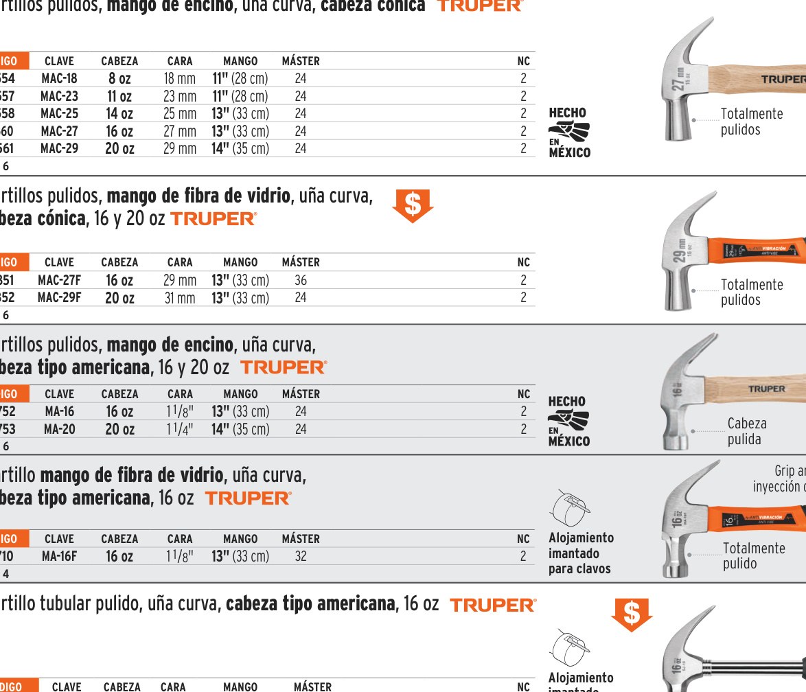 Martillo pulido, 20 oz, uña curva, mango madera, TRUPER