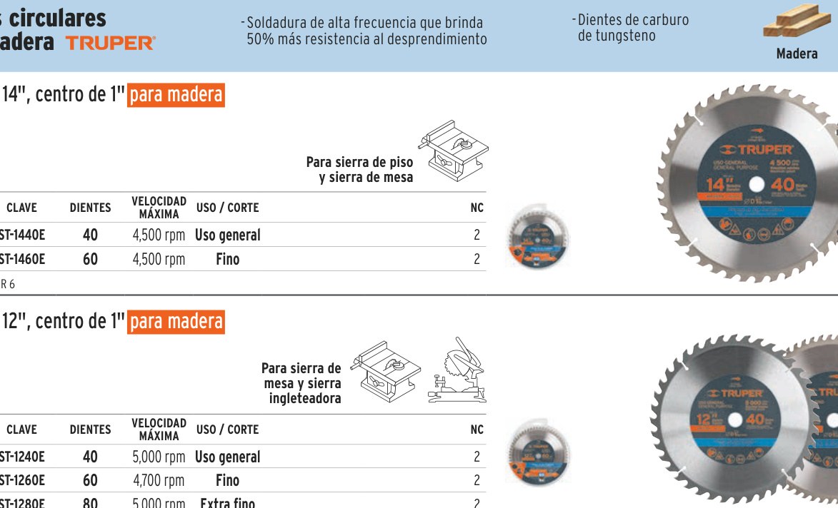 Disco sierra 14" para madera, 40 dientes centro 1", TRUPER