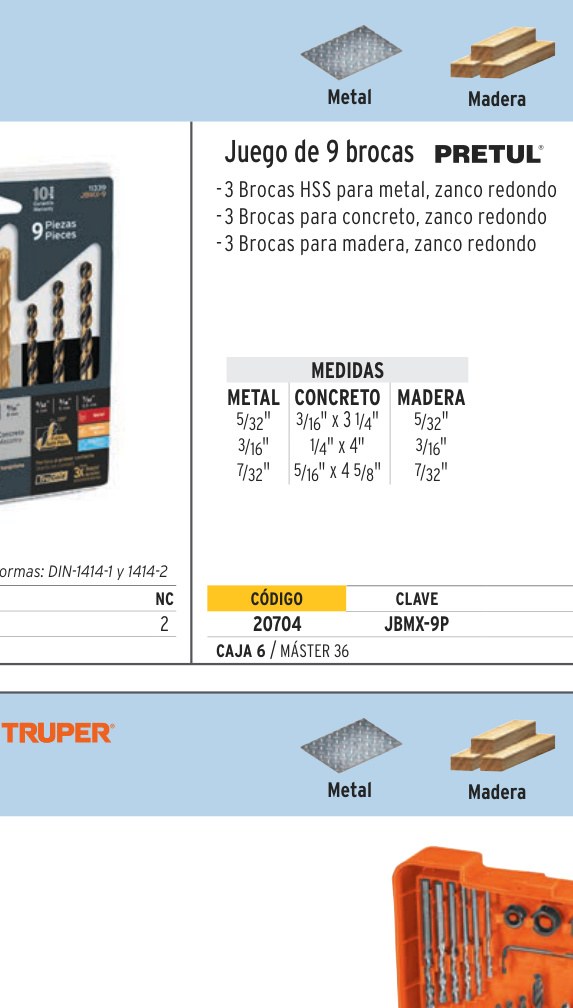 Juego de 9 brocas para metal, concreto y madera, PRETUL