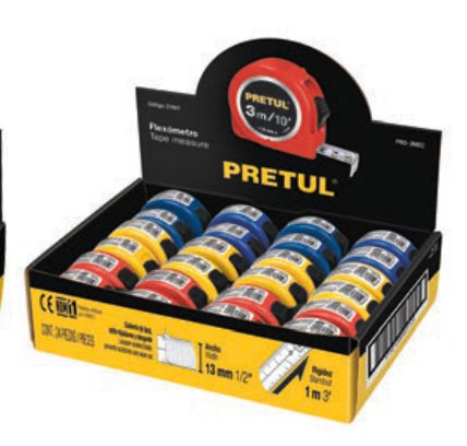 Flexómetro 3 m cinta 13 mm, en display box, PRETUL