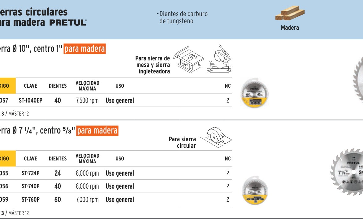 Disco sierra 10" para madera, 40 dientes centro 1", PRETUL