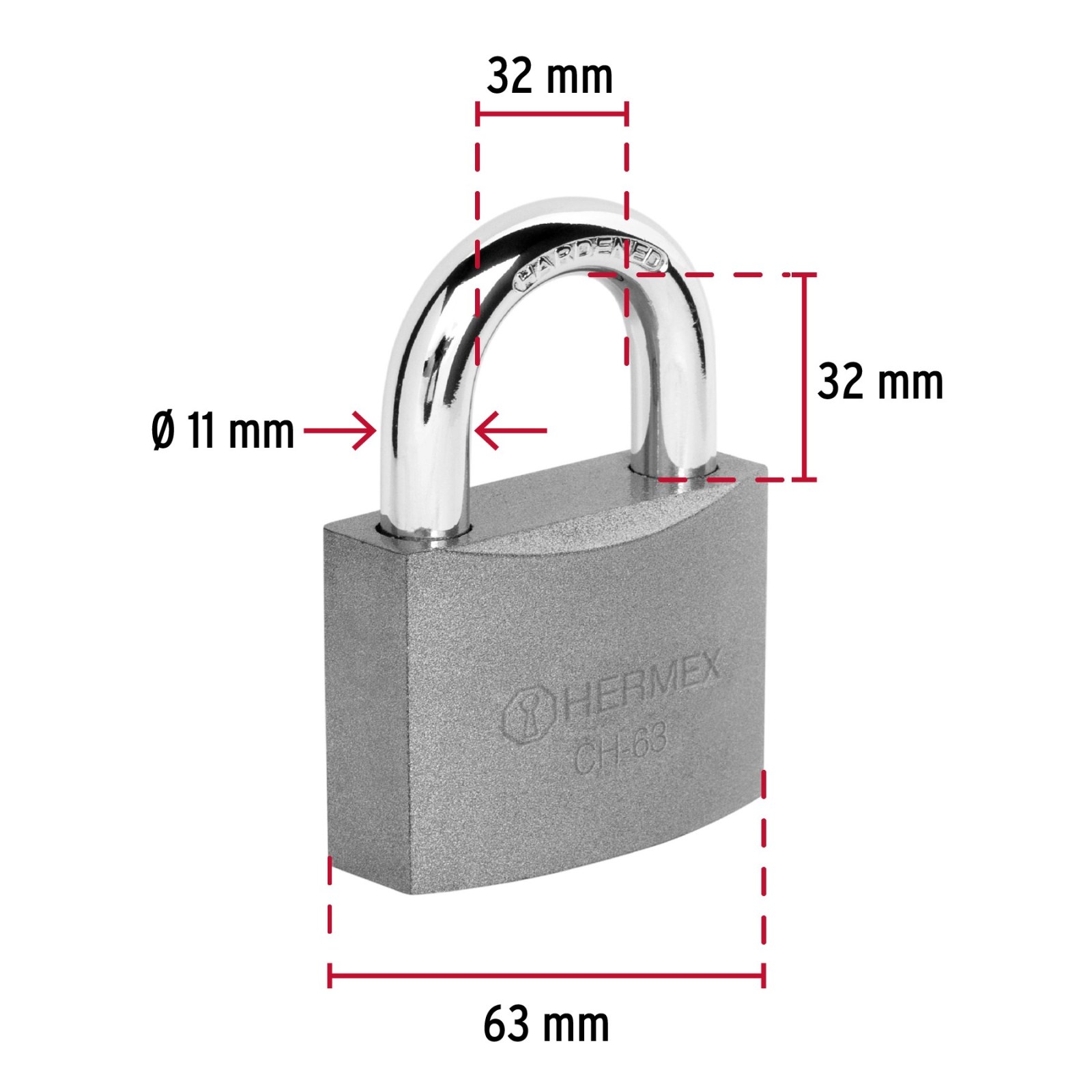 Candado de hierro 63 mm, gancho corto en caja, HERMEX
